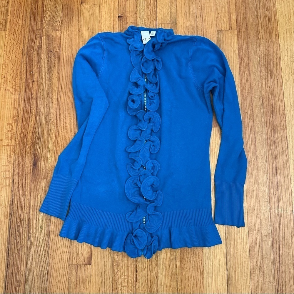 Vila Sweater Women M Blue Cardigan Ruffle Rhinestone Full Zip(j10)